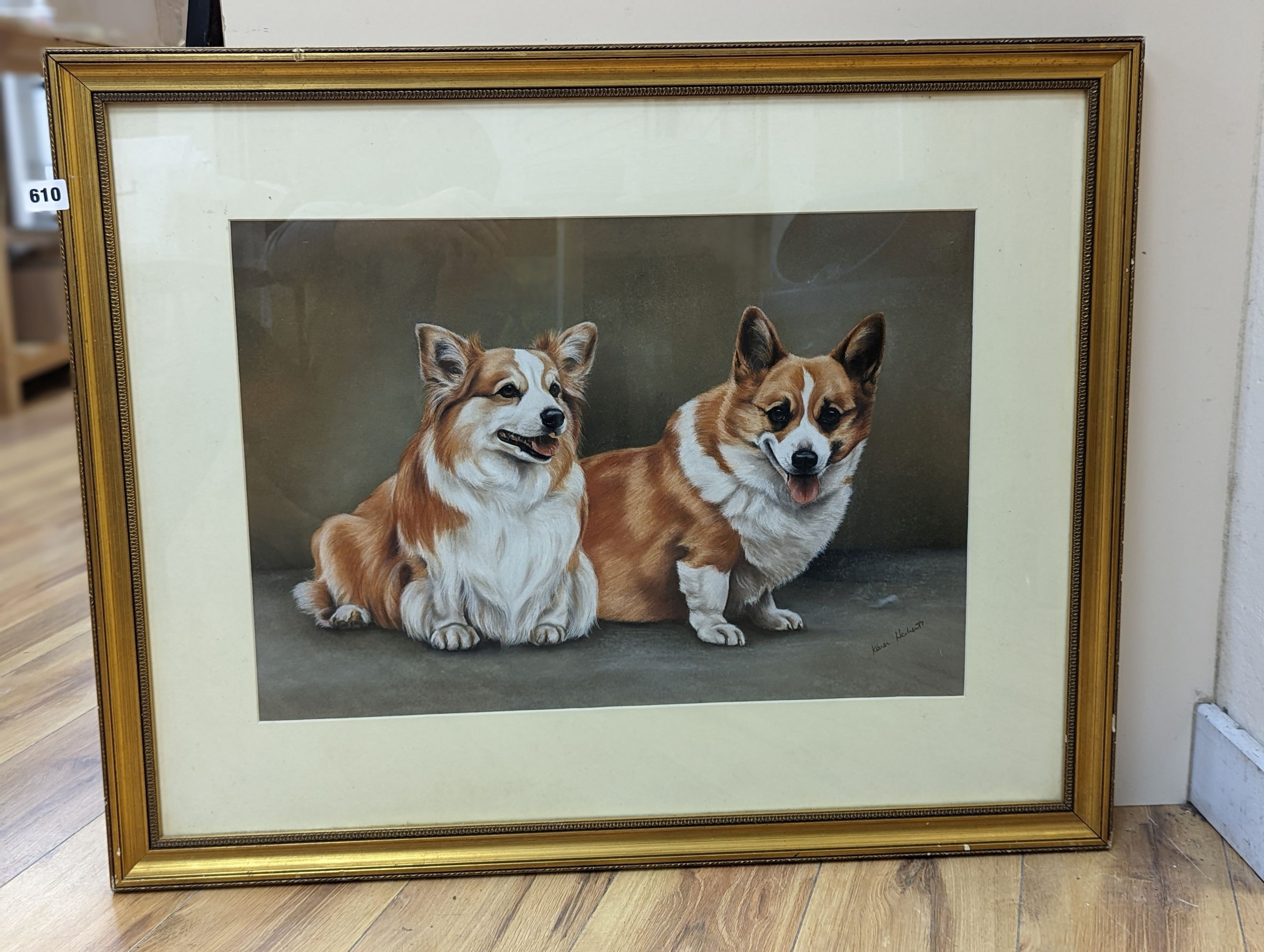 Karen Herbert, pastel, Portrait of two corgis, signed, 40 x 58cm